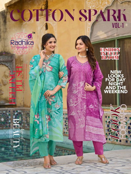 Cotton Spark Vol 1 By Radhika Cotton Printed Kurti Bottom With Dupatta Wholesale Clothing Distributors In India